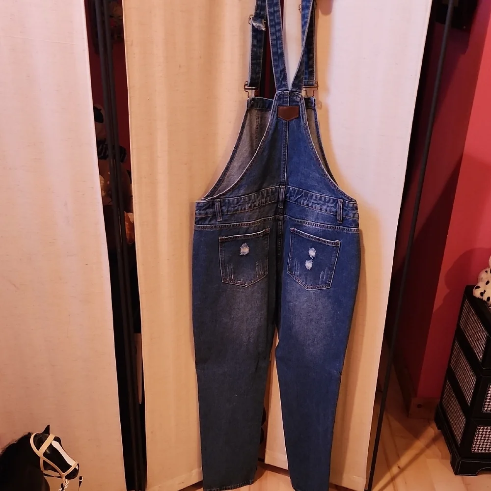 Slim Distressed Denim Overalls in Blue - Picture 2 of 3
